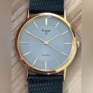 Pulsar New Old Stock Vintage Watch Original Box Round Gray Dial Leather Strap